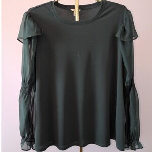 Plus Size Cato Blouse Women 18/20W Forest Green Sheer Smocked Puff Sleeve Ruffle